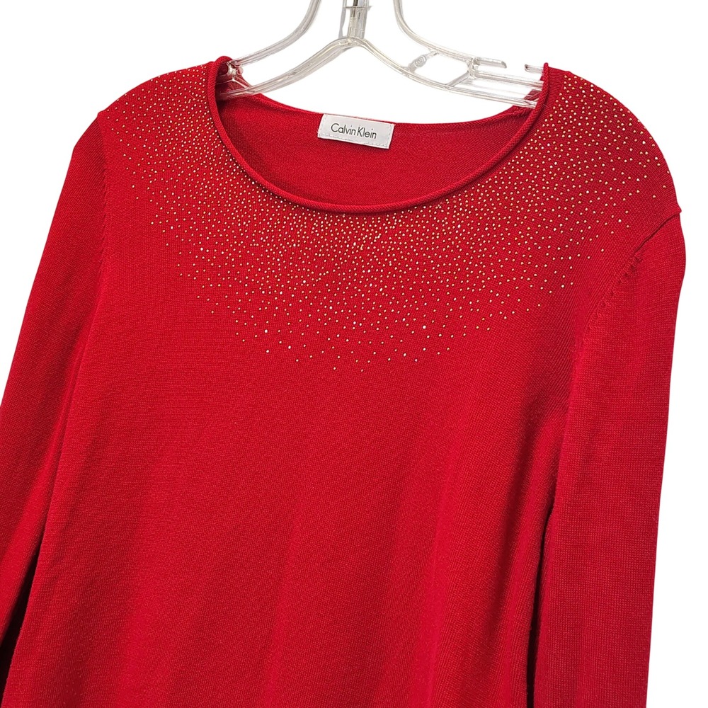 Calvin Klein Women Red Embellished Crew Neck Long Sleeve Sweater Size L